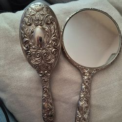 Silver Hair Brush And Handheld Mirror