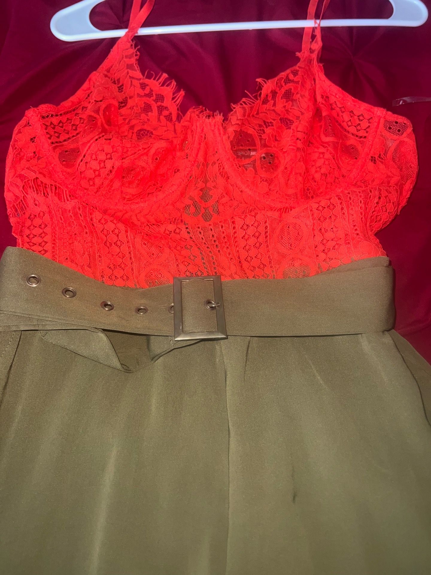 Fashion Nova Coral Lace Bodysuit with Olive Zipper Detail