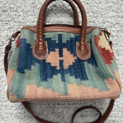 Vintage Southwestern Tapestry and Leather Top Handle Handbag Cognac Leather Tassel Zipper Pull Handmade Cowhide 