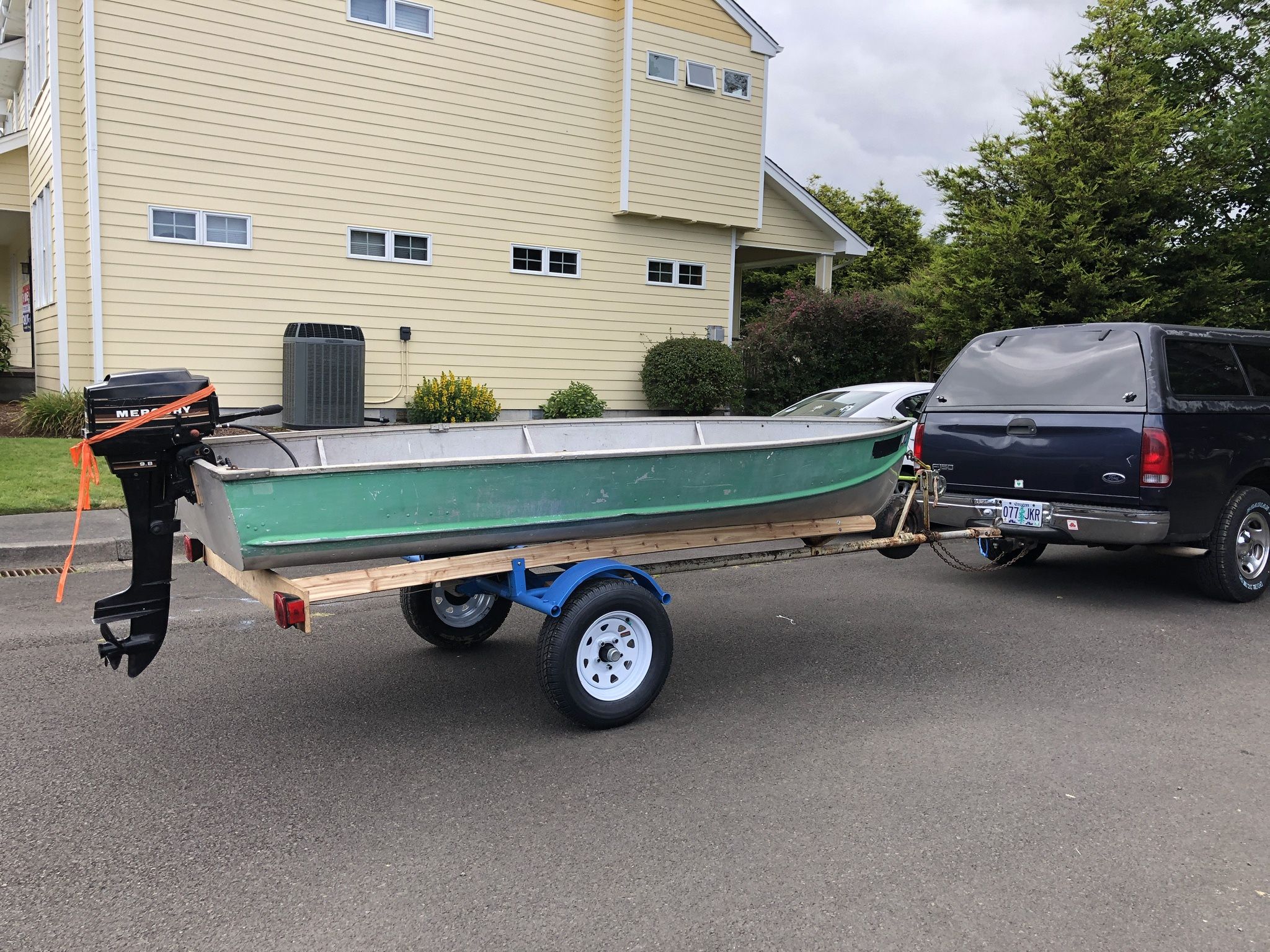 13 FT Aluminum Boat W/ 9.8 Hp Mercury , Trailer