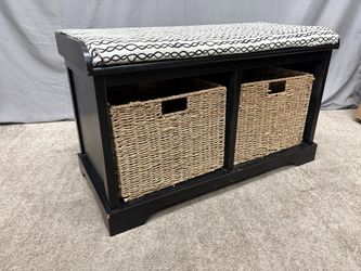 Black Wicker Basket Entryway Bench w/ Black & White Geometric Cushion