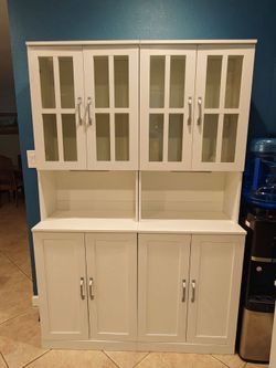 White Kitchen Hutch Cabinet with Glass Doors