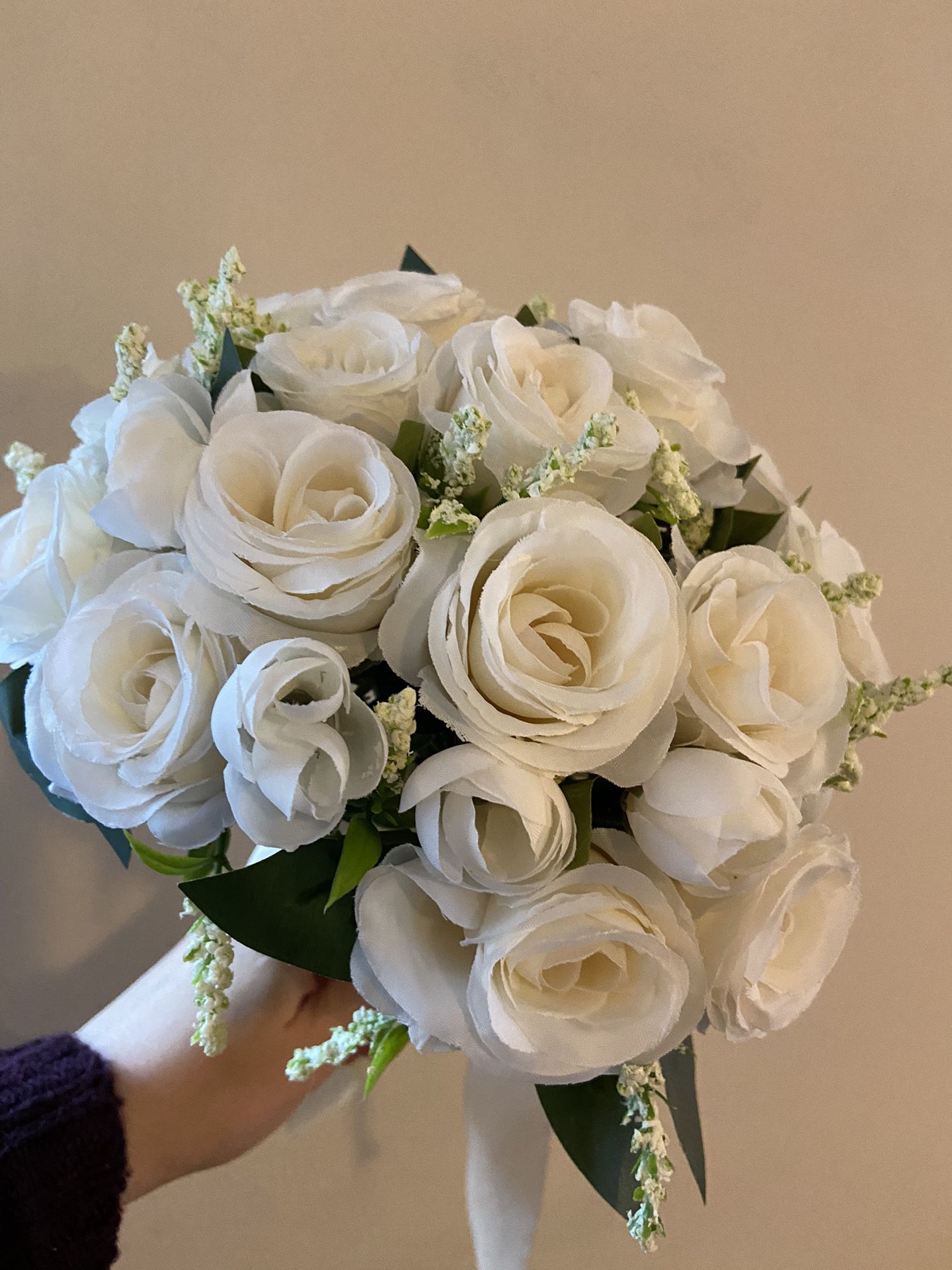 Holding Flowers Artificial Natural Rose Wedding Bouquet with Silk Satin Ribbon Pink White Champagne Bridesmaid Bridal Party Color: white Message me if
