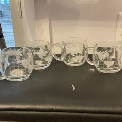 Set Of 4 Vintage Nestle Colonial Cupboard Etched Glass World Globe Coffee Mug