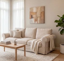 3-Seat Slipcovered Sofa | Light Beige Linen Style | Excellent Condition | Washable Cover