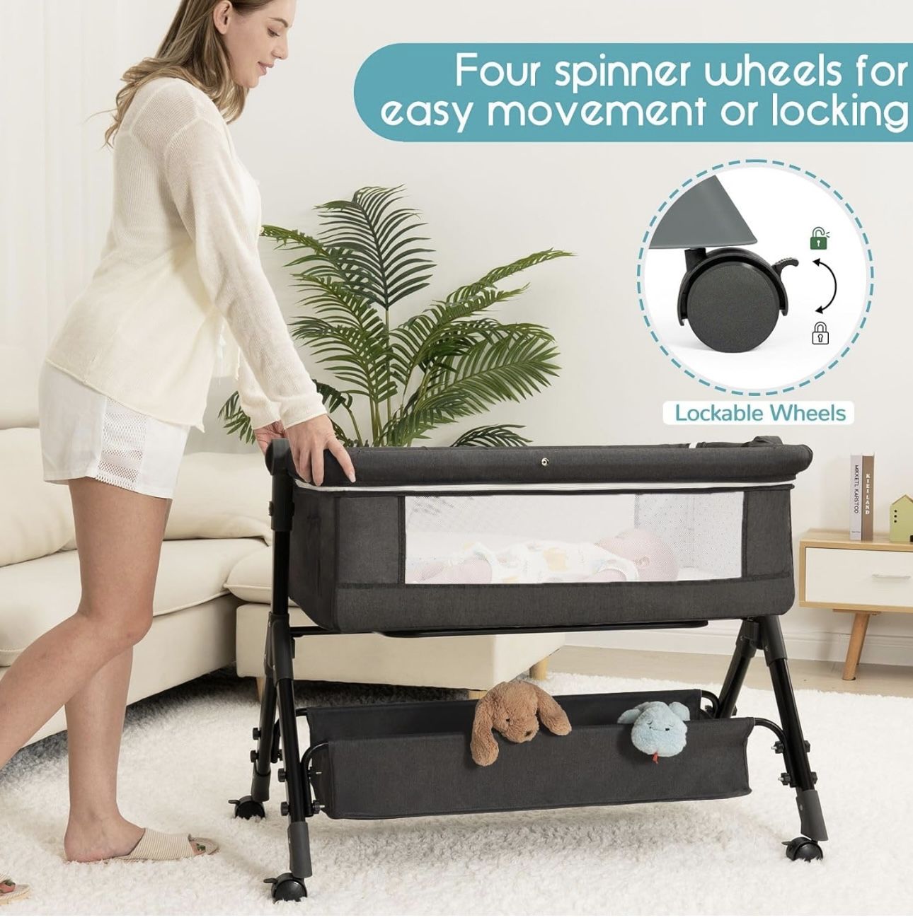 Bedside Baby Bassinet / Bedside Crib with Wheels & Storage – Like New