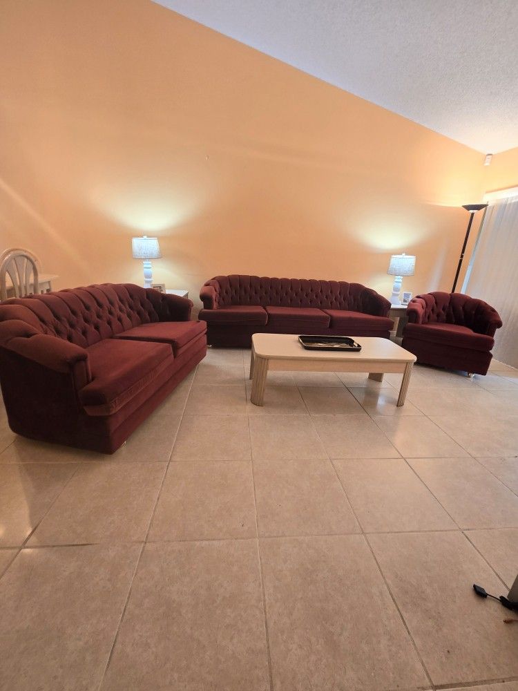 3 Peice Deep Red, Velvet Sofa Set: Sofa, Loveseat and Accent Chair