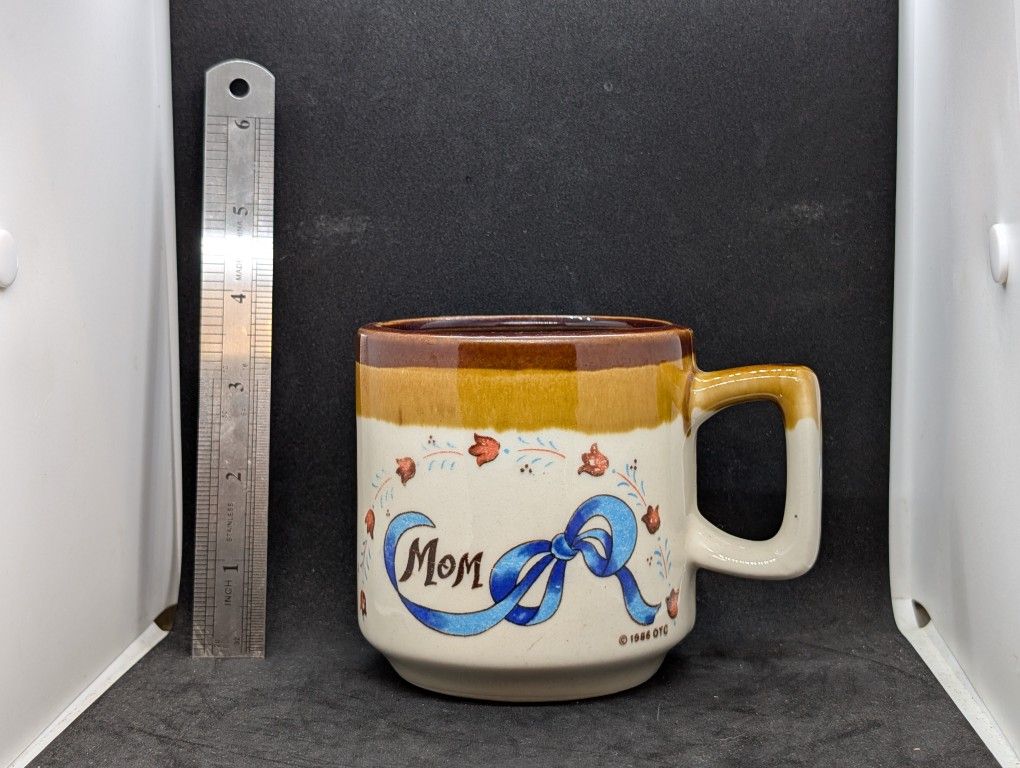 MOM Coffee Mug Tea Cup Stoneware Ceramic Vintage 1986 OTC Blue Bow Brown Drip