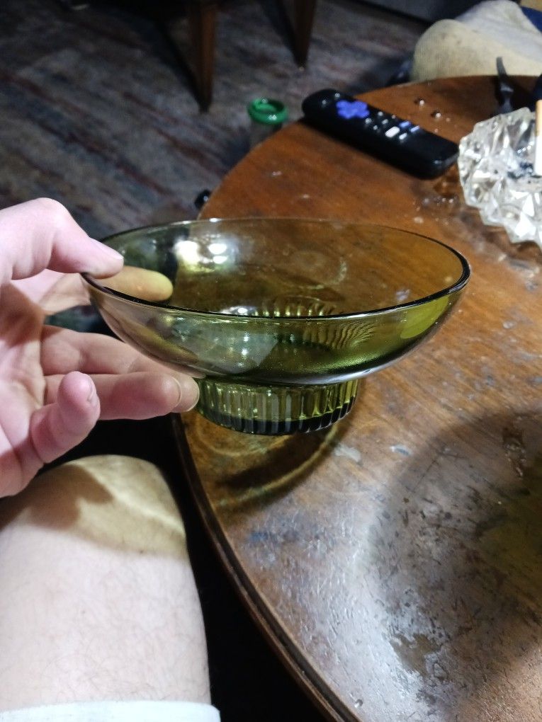 Vintage A.L. Randall Co. 1960s Green Candy Bowl with Ribbed Collar Base