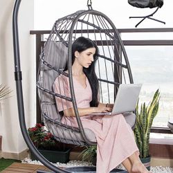 Hammock Egg Chair with Stand and Oxford Cover, Patio Wicker Hanging Swing Chair Indoor Outdoor with UV Resistant Cushion and Foldable Seat Basket Grey