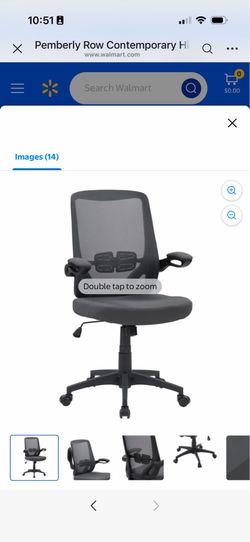 Ergonomic office chair has a breathable mesh back and a padded fabric seat. This Pemberly Row model is black with flip-up armrests and a five-star nyl