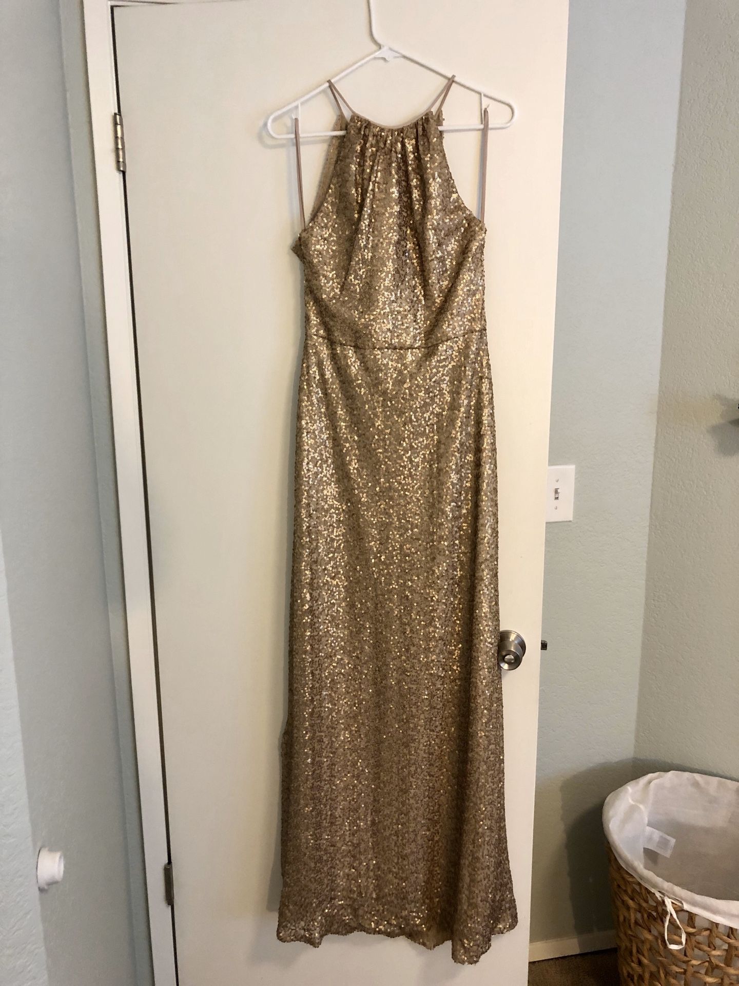 Amsale Long Gold glitter dress