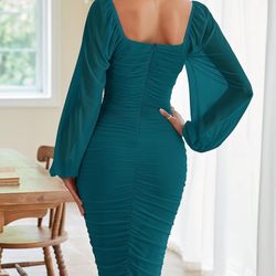 MEROKEETY Women's Long Sleeve Wedding Guest Formal Dress Fall Winter Ruched Bodycon Mesh Cocktail Party Midi Dresses