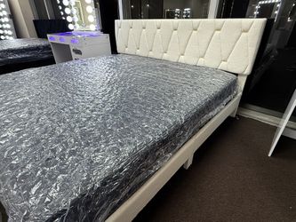 New King Size Creme Bed Frame + New King Mattress