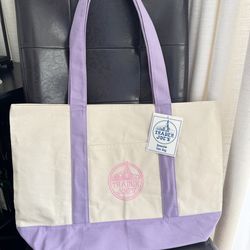 Trader Joe's Reusable Tote Bag Beige Purple Canvas Foldable Color Block