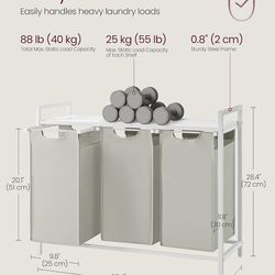 VASAGLE Laundry Hamper Basket Sorter w/ 3 Pull-Out Metal Frame - White