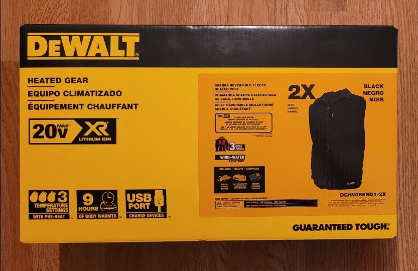 New Dewalt Size: 2XL 20v Sherpa Reversible Fleece Cordless Heated Vest Kit with Battery, power supply & Charger. Chest measurements 50"-52", Waist mea