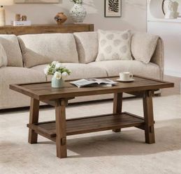 New assembled 47-Inch Solid Wood Coffee Table, Rustic Coffee Table for Living Room, 2-Tier Wood Farmhouse Rectangle Center Table Tea Table with Storag