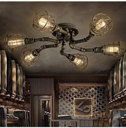 New open box Vintage Flush Mount Ceiling  Industrial Cage Pipe Pendant 6 Lights