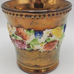 Antique Copper Lusterware Raised Floral Band Cup