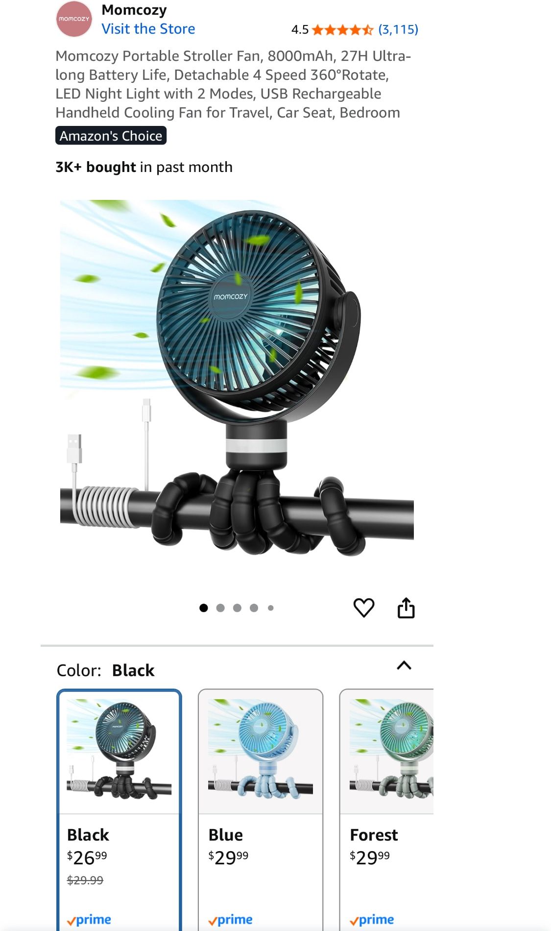 Momcozy Portable Stroller Fan, 8000mAh, 27H Ultra-long Battery Life, Detachable 4 Speed 360°Rotate, LED Night Light with 2 Modes, USB Rechargeable Han