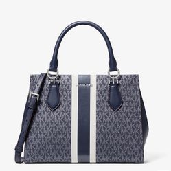 Marilyn Medium Signature Logo Stripe Satchel (Navy)