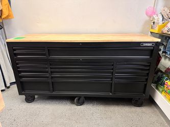 Husky 72 in. W x 24 in. D Heavy Duty 18-Drawer Mobile Workbench Cabinet with Adjustable-Height Hardwood Top in Matte Black