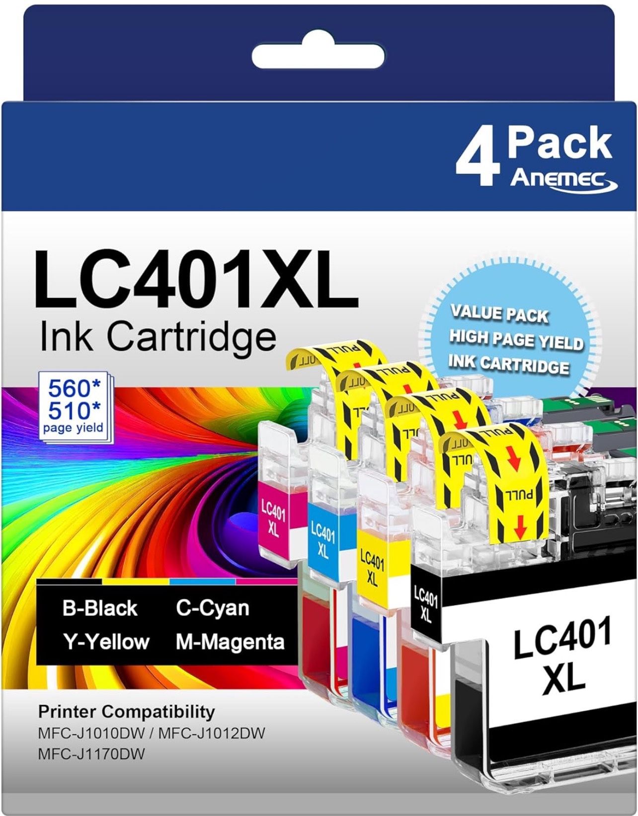 LC401XL LC401 XL Compatible Ink Cartridges Replacement for Brother LC 401 XL 401XL Work with Brother MFC-J1010DW MFC-J1012DW MFC-J1170DW Printer (4 XL