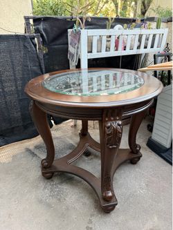 Round Wood with Glass Top and Metal Scrollwork