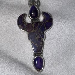 Vintage Purple Turquoise & Sterling Bull Head Pendant