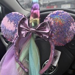 Disney Parks Minnie Mouse Ears Pink Purple Sequin Unicorn Rainbow Veil Headband