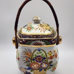 Japanese Porcelain Lidded Jar with Handle and Floral Enamel Design Handmade 7"