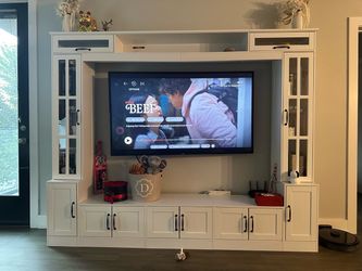 Large White Entertainment Center / TV Wall Unit with Storage & Glass Cabinets