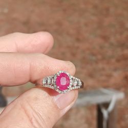 Burmese Ruby And Diamond Ring. Rhodium Over Silver, Size 10