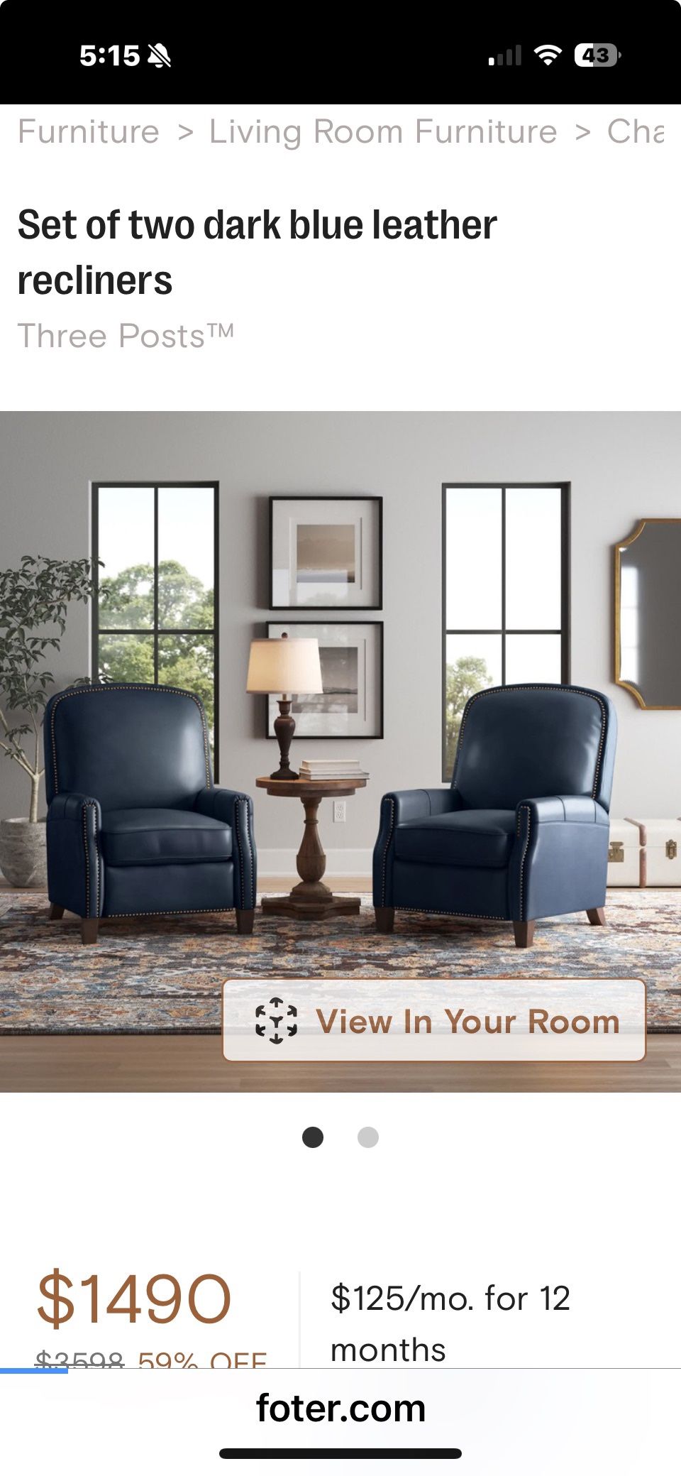 Set of 2 Genuine Leather Recliners – Dark Blue – Great Condition