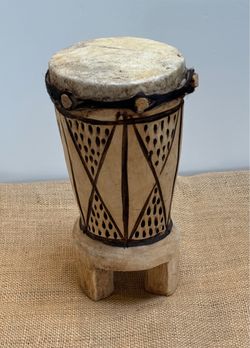 Vintage Handmade Rawhide Wooden Drum Geometric Pyrography | West African Folk Instrument 11x6