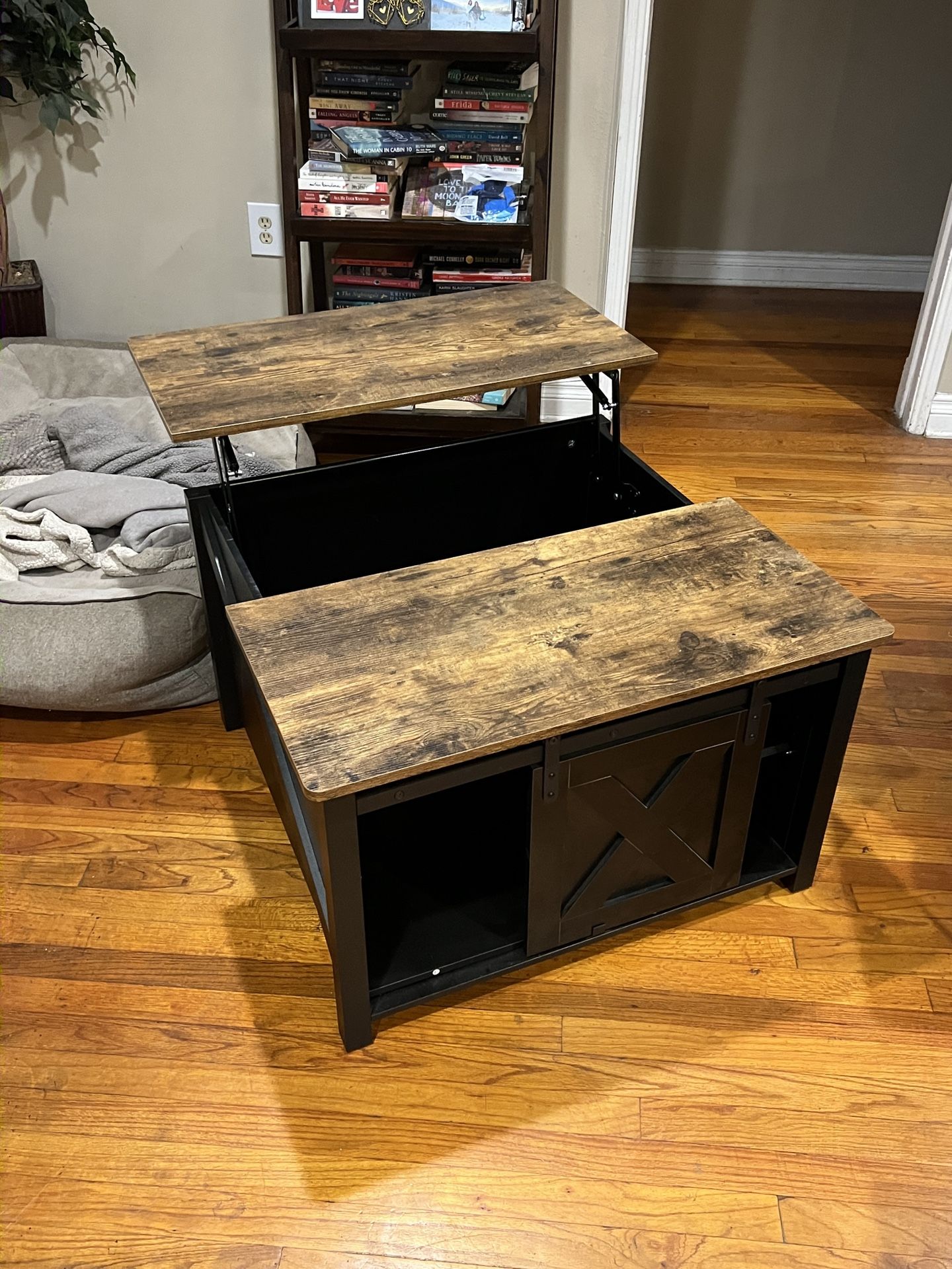 Farm House Style Square Coffee Table With Lift Top. Large Hidden Storage w/side Shelves-storage