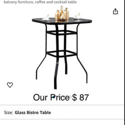 Outdoor bistro table, high quality tempered glass surface, rustic black metal frame, curved legs, patio, porch, next to the pool, patio, balcony furni