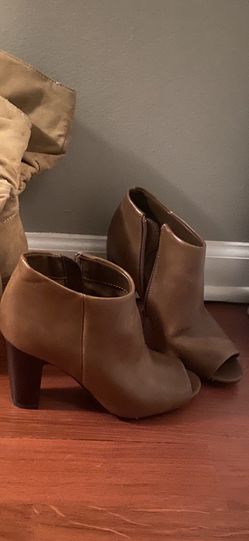 brown leather bootie heels