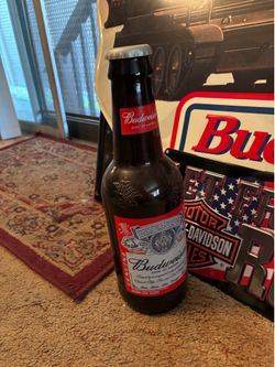 Man cave beer signs and Harley metal plates and mirrors and Budweiser neon light