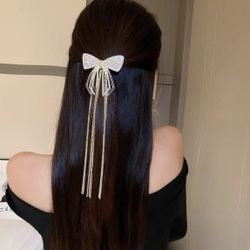 Brand New Exquisite Rhinestone Extra Long Tassel Bow Hair Clip