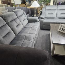 Brand New Light Gray Smooth Linen Manual Reclining Sofa + Loveseat 2PCs Set