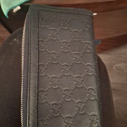 Gucci Sukey Gg Monogram Black Leather Zip Around Long Wallet With Gold
