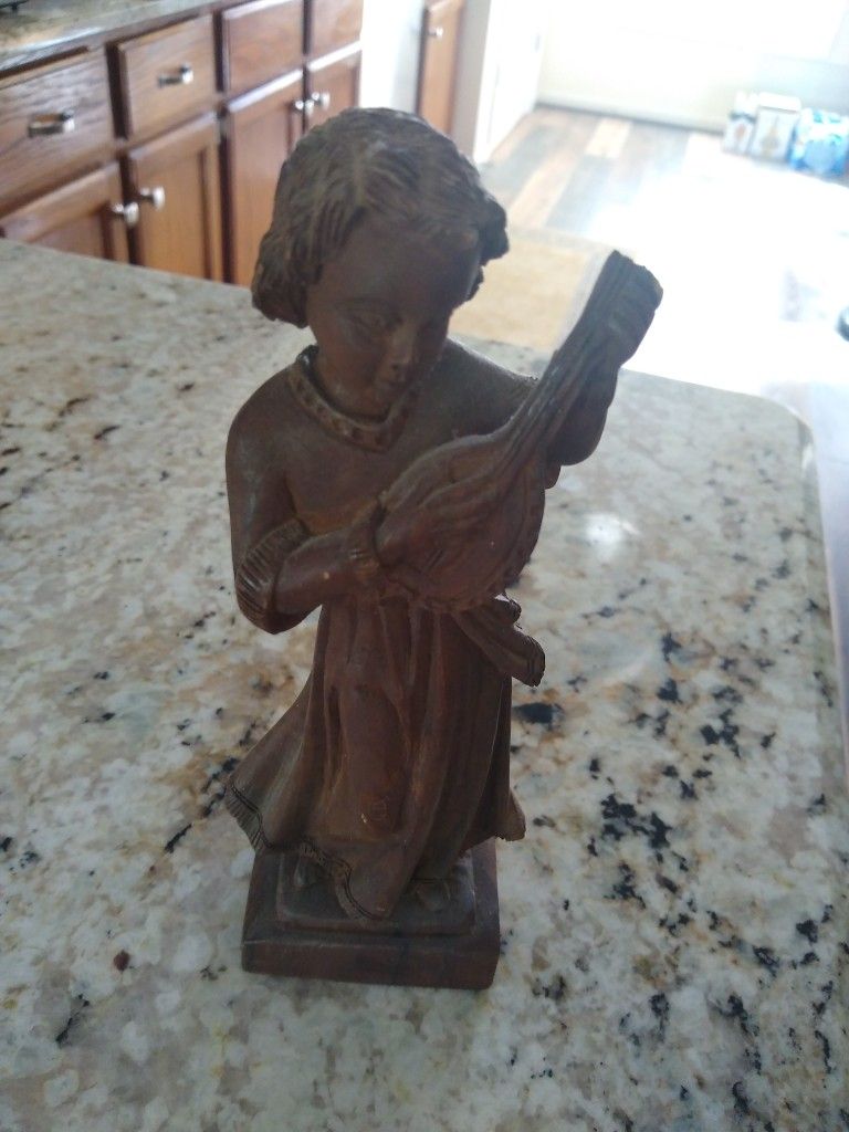 Wood Sculpture Girl Playing Musical Instrument