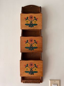 Vintage Folk Art Wood Wall Mail Organizer with Floral Design