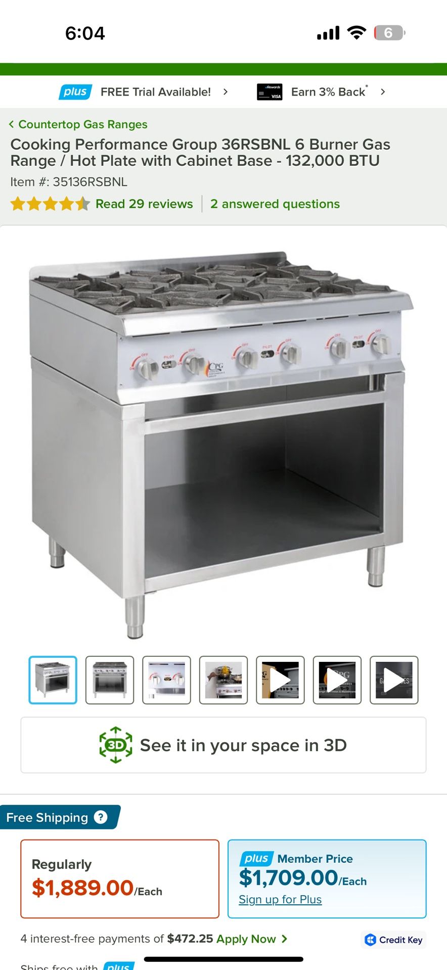 Cooking Performance Group 36RSBNL 6 Burner Gas Range / Hot Plate with Cabinet Base - 132,000 BTU