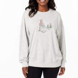 Hollister Skiing Bear Oversized Sweatshirt Grey Graphic Crewneck Sweater Large