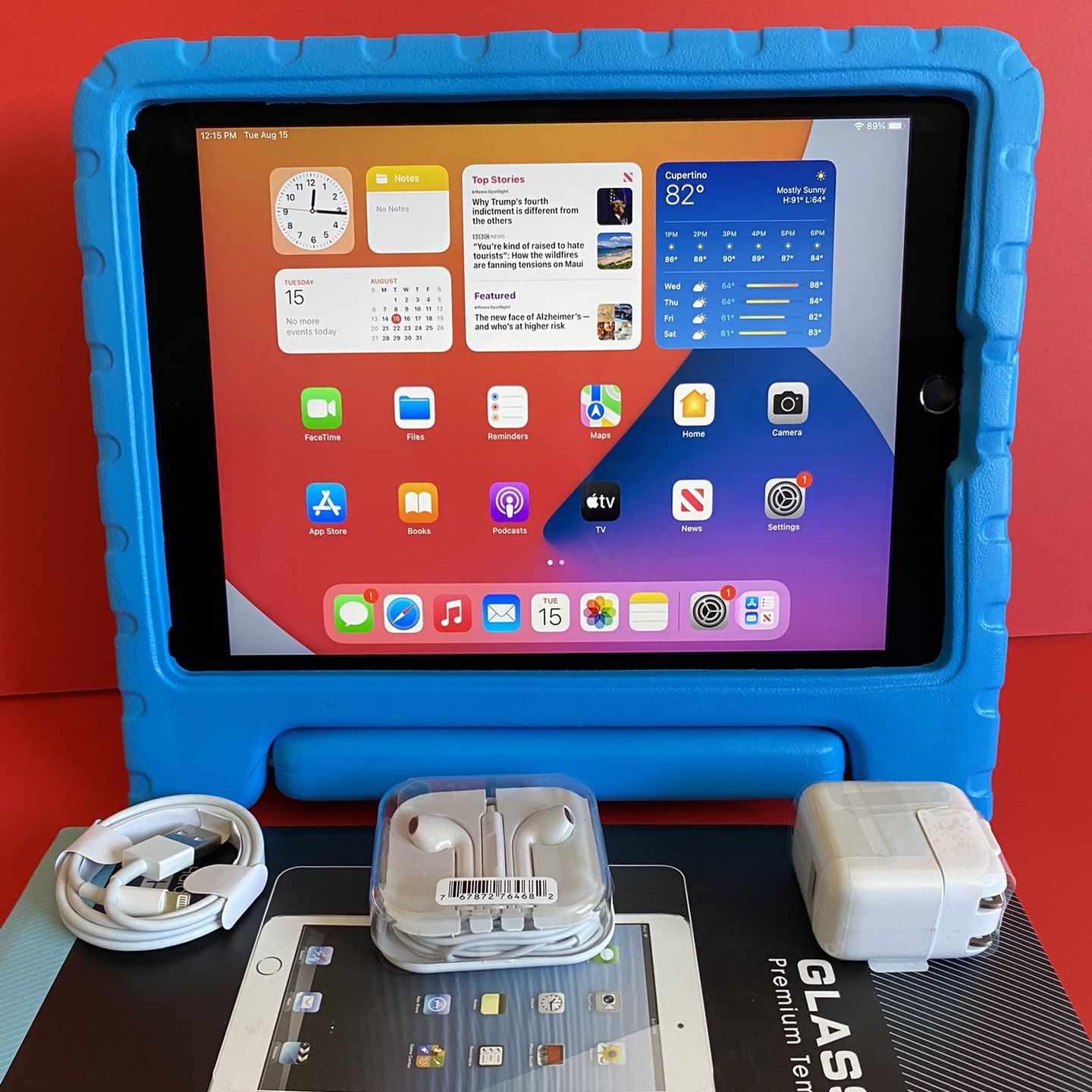 Apple IPad Air 2 (9.7” Retina / Touch ID / iOS 15) 16GB / 32GB / 64GB with kids case, glass & Accessories (Youtube / zoom / Roblox etc supported) 