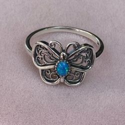 Butterfly 🦋 925 Sterling Silver blue lab Opal Ring 💍 size 8