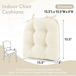 Indoor Chair Cushions for Dining Chairs, Tufted Overstuffed Textured Memory Foam Kitchen Chair Pads with Ties and Non-Slip Backing,